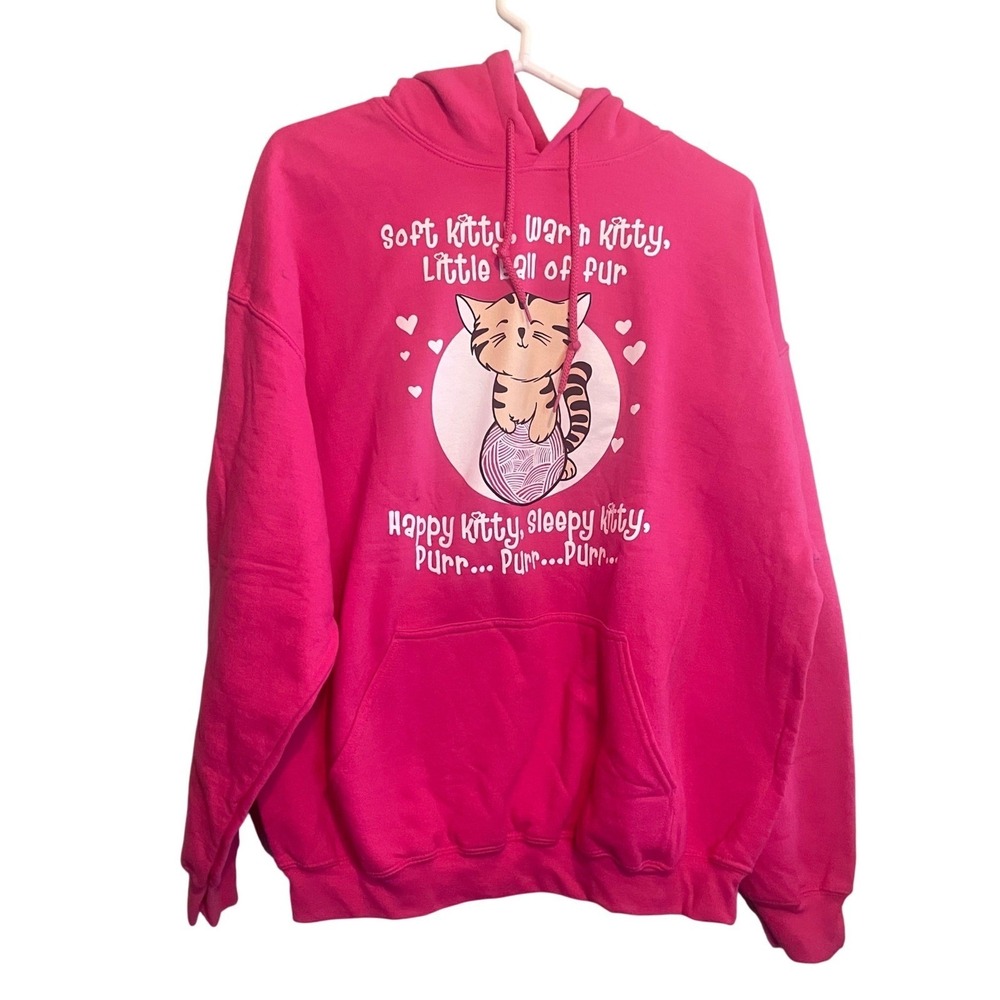 Happy Sleepy Purr Kitty Cat‎ Graphic Fleece Lined Pullover Hoodie Pink Size XL